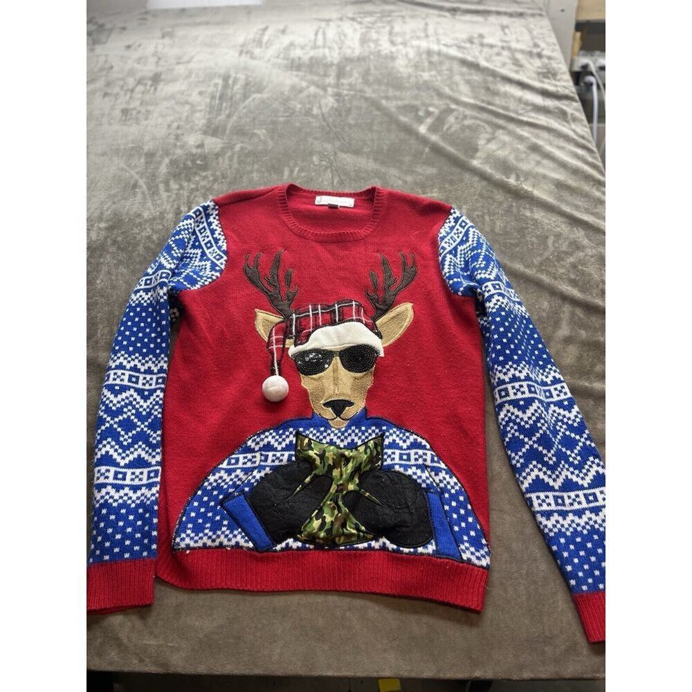 Jolly Sweaters Ugly Christmas‎ Red Sweater Reindeer Deer Camo Beer Pocket Men L
